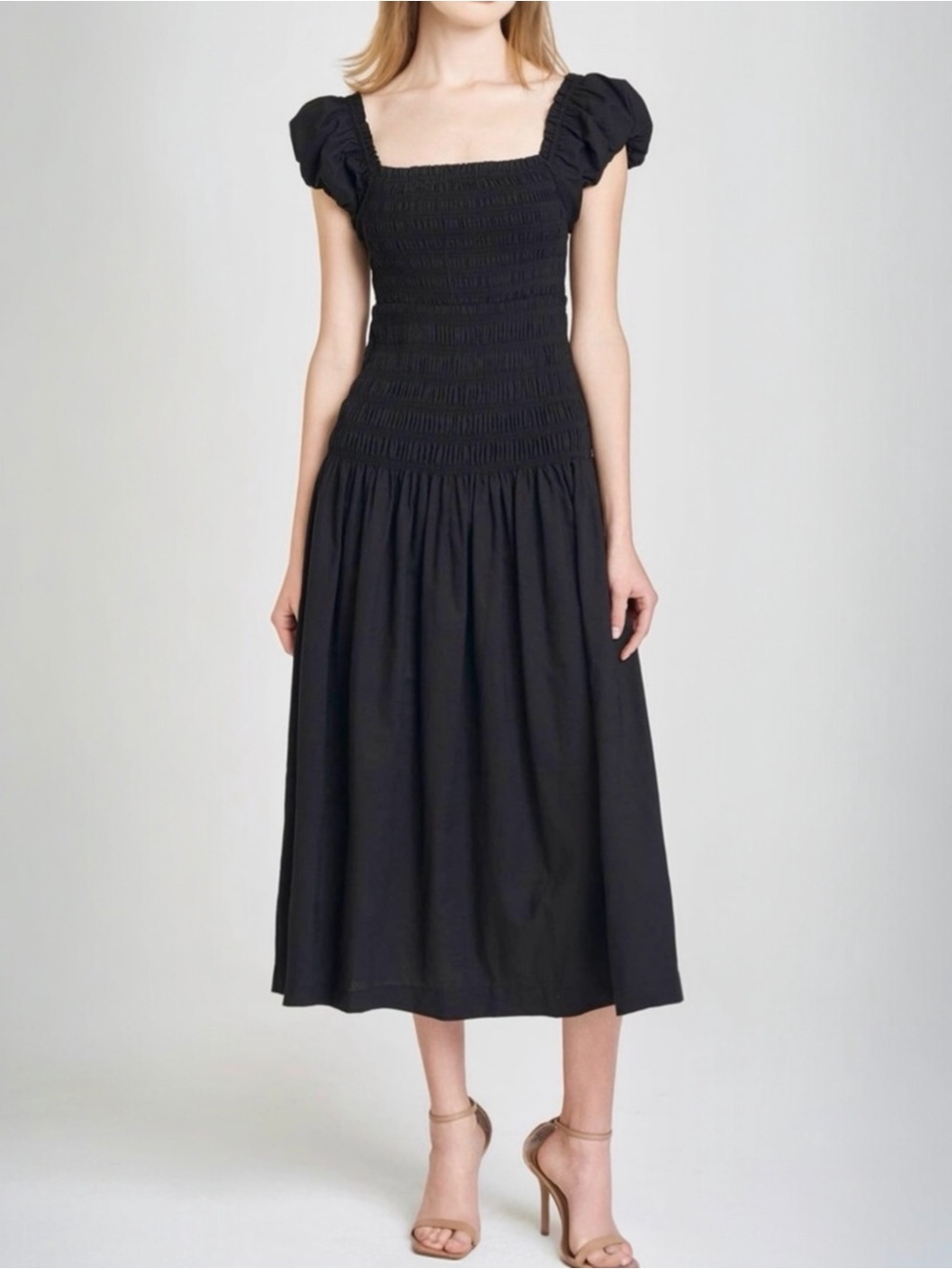 Caroline Constas Women’s Cotton Shirred Bodice Short Puff Sleeve Midi Dress NEW